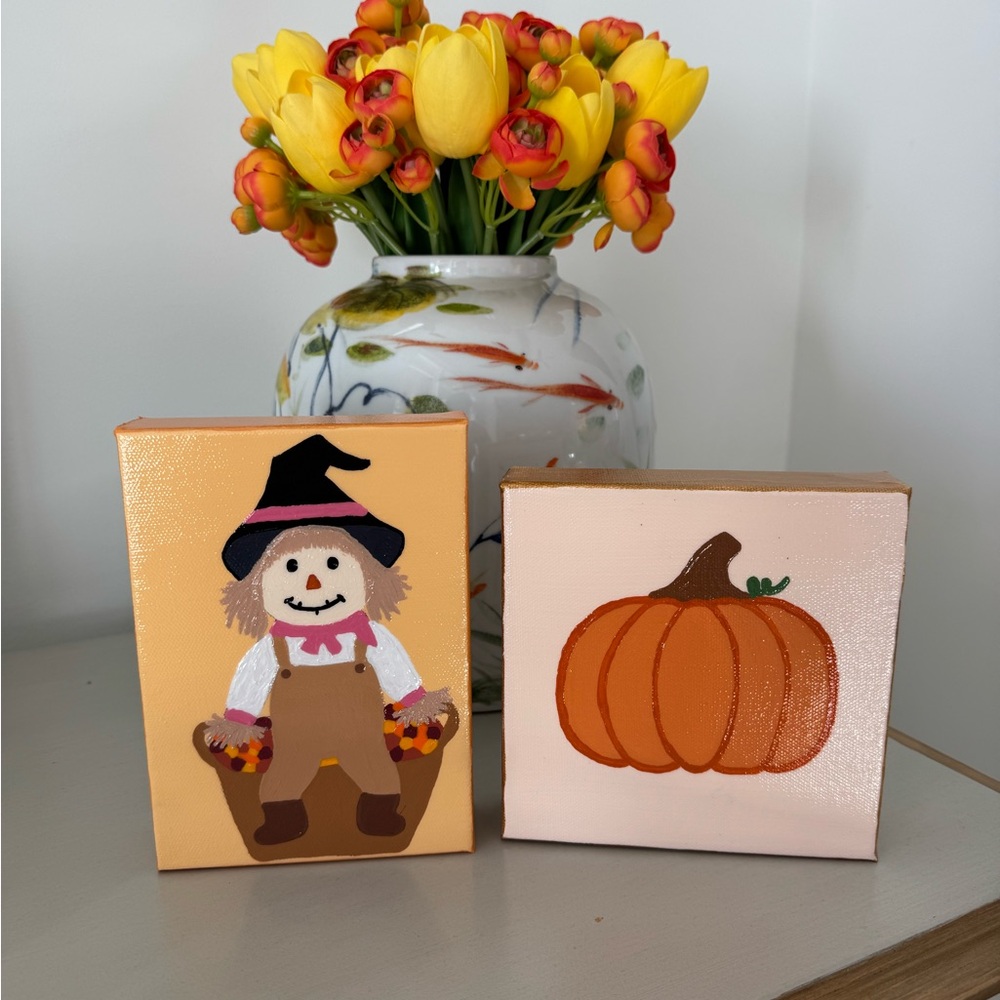 Hand-Painted Acrylic Fall Pumpkin & Scarecrow BY ME!